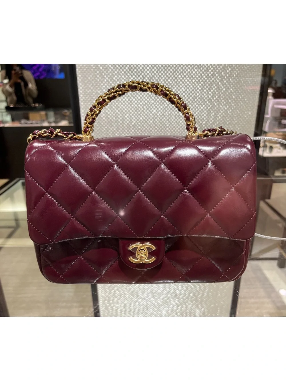 CHANEL Quilted Lambskin Mini Flap Bag in Burgundy with Gold Hardware &Top Handle